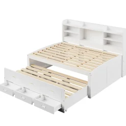 Lit Gigogne 140x200 cm, Lit Tiroir et 3 Tiroirs Multifonction avec LED Télécommande et Ports USB Type-C - Blanc, Sans Matelas