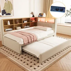 Lit Gigogne 90x200 cm pour enfant ou Ado, Lit 90x190 cm avec Port USB et Rangements Intégrés - Tissu Beige - Sans Matelas