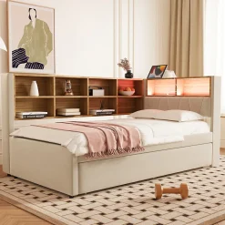 Lit Gigogne 90x200 cm pour enfant ou Ado, Lit 90x190 cm avec Port USB et Rangements Intégrés - Tissu Beige - Sans Matelas