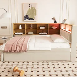 Lit Gigogne 90x200 cm pour enfant ou Ado, Lit 90x190 cm avec Port USB et Rangements Intégrés - Tissu Beige - Sans Matelas