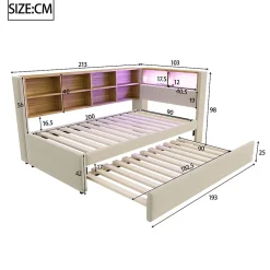 Lit Gigogne 90x200 cm pour enfant ou Ado, Lit 90x190 cm avec Port USB et Rangements Intégrés - Tissu Beige - Sans Matelas