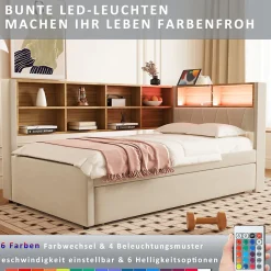 Lit Gigogne 90x200 cm pour enfant ou Ado, Lit 90x190 cm avec Port USB et Rangements Intégrés - Tissu Beige - Sans Matelas