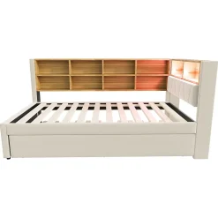 Lit Gigogne 90x200 cm pour enfant ou Ado, Lit 90x190 cm avec Port USB et Rangements Intégrés - Tissu Beige - Sans Matelas