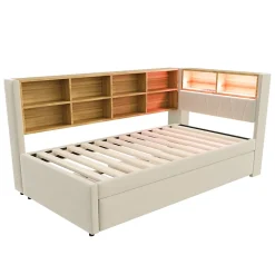 Lit Gigogne 90x200 cm pour enfant ou Ado, Lit 90x190 cm avec Port USB et Rangements Intégrés - Tissu Beige - Sans Matelas