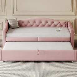 Lit Gigogne 90x200 cm, Tissu Lin Rose, Canapé Classique avec Boutons Décoratifs, Lit d'Appoint Multifonction - Sans Matelas