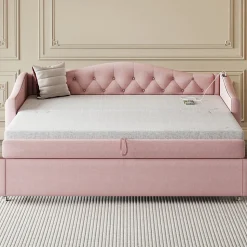 Lit Gigogne 90x200 cm, Tissu Lin Rose, Canapé Classique avec Boutons Décoratifs, Lit d'Appoint Multifonction - Sans Matelas