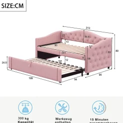 Lit Gigogne 90x200 cm, Tissu Lin Rose, Canapé Classique avec Boutons Décoratifs, Lit d'Appoint Multifonction - Sans Matelas