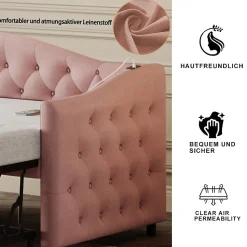 Lit Gigogne 90x200 cm, Tissu Lin Rose, Canapé Classique avec Boutons Décoratifs, Lit d'Appoint Multifonction - Sans Matelas