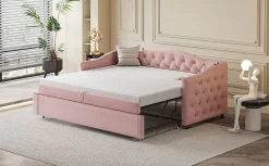 Lit Gigogne 90x200 cm, Tissu Lin Rose, Canapé Classique avec Boutons Décoratifs, Lit d'Appoint Multifonction - Sans Matelas