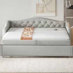 Lit Gigogne 90x200 cm, Tissu Lin Gris, Canapé Classique avec Boutons Décoratifs, Lit d'Appoint Multifonction - Sans Matelas