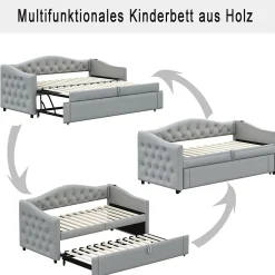 Lit Gigogne 90x200 cm, Tissu Lin Gris, Canapé Classique avec Boutons Décoratifs, Lit d'Appoint Multifonction - Sans Matelas