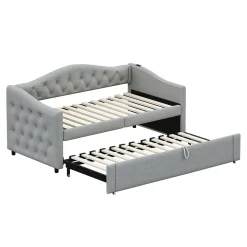 Lit Gigogne 90x200 cm, Tissu Lin Gris, Canapé Classique avec Boutons Décoratifs, Lit d'Appoint Multifonction - Sans Matelas