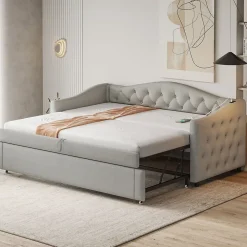 Lit Gigogne 90x200 cm, Tissu Lin Gris, Canapé Classique avec Boutons Décoratifs, Lit d'Appoint Multifonction - Sans Matelas