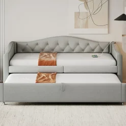 Lit Gigogne 90x200 cm, Tissu Lin Gris, Canapé Classique avec Boutons Décoratifs, Lit d'Appoint Multifonction - Sans Matelas