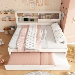 Lit Gigogne 90/140x190 cm, Tête de Lit Rangement et Compartiment Ouvert, USB/USB-C - MDF/Contreplaqué/Panneaux de Particules Blanc