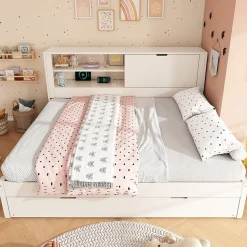 Lit Gigogne 90/140x190 cm, Tête de Lit Rangement et Compartiment Ouvert, USB/USB-C - MDF/Contreplaqué/Panneaux de Particules Blanc