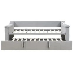Lit Gigogne 90/180x190 cm, Velours Gris Clair, avec Port USB, Rangement Intégré, Accoudoirs Larges, Système Audio Bluetooth