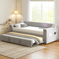 Lit Gigogne 90/180x190 cm, Velours Gris Clair, avec Port USB, Rangement Intégré, Accoudoirs Larges, Système Audio Bluetooth
