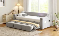 Lit Gigogne 90/180x190 cm, Velours Gris Clair, avec Port USB, Rangement Intégré, Accoudoirs Larges, Système Audio Bluetooth