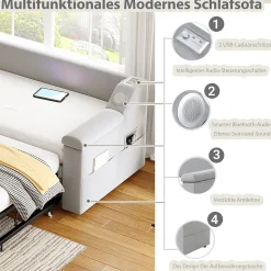 Lit Gigogne 90/180x190 cm, Velours Gris Clair, avec Port USB, Rangement Intégré, Accoudoirs Larges, Système Audio Bluetooth