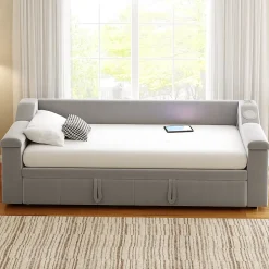 Lit Gigogne 90/180x190 cm, Velours Gris Clair, avec Port USB, Rangement Intégré, Accoudoirs Larges, Système Audio Bluetooth