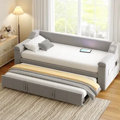 Lit Gigogne 90/180x190 cm, Velours Gris Clair, avec Port USB, Rangement Intégré, Accoudoirs Larges, Système Audio Bluetooth