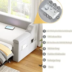 Lit Gigogne 90/180x190 cm, Velours Gris Clair, avec Port USB, Rangement Intégré, Accoudoirs Larges, Système Audio Bluetooth