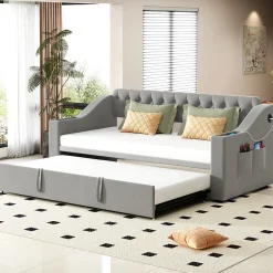 Lit Gigogne 90x190 cm, Velours Gris, Lit Multifonction avec Port USB, Accoudoirs avec Rangement - Sans Matelas