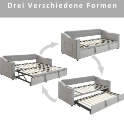 Lit Gigogne 90x190 cm, Velours Gris, Lit Multifonction avec Port USB, Accoudoirs avec Rangement - Sans Matelas