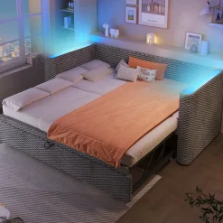 Lit Gigogne 90x200 cm/180x200 cm - Lit Simple et Double avec Éclairage LED Multifonction - en Velours - sans Matelas - Gris