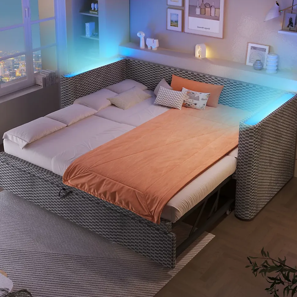 Lit Gigogne 90x200 cm/180x200 cm - Lit Simple et Double avec Éclairage LED Multifonction - en Velours - sans Matelas - Gris