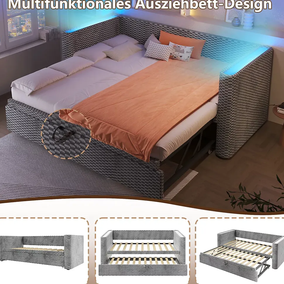 Lit Gigogne 90x200 cm/180x200 cm - Lit Simple et Double avec Éclairage LED Multifonction - en Velours - sans Matelas - Gris