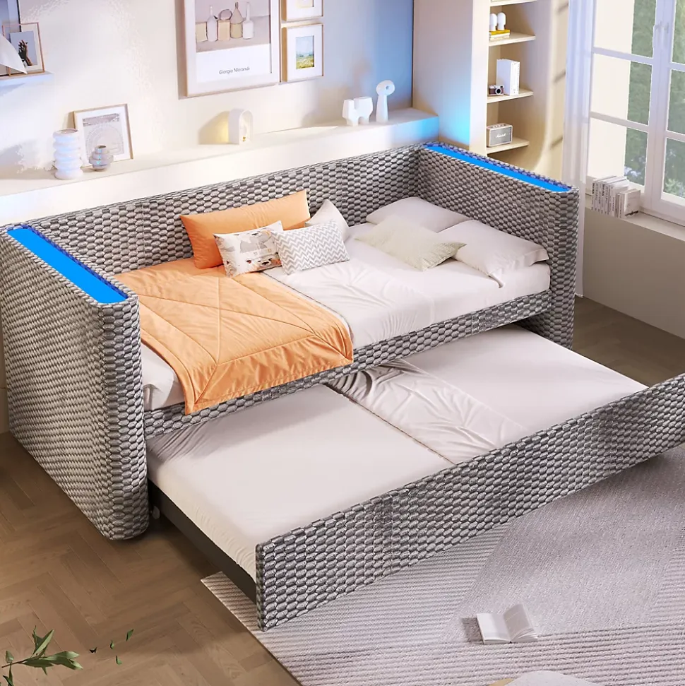 Lit Gigogne 90x200 cm/180x200 cm - Lit Simple et Double avec Éclairage LED Multifonction - en Velours - sans Matelas - Gris