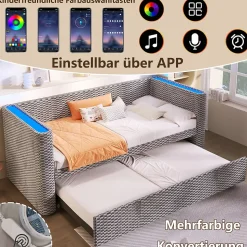 Lit Gigogne 90x200 cm/180x200 cm - Lit Simple et Double avec Éclairage LED Multifonction - en Velours - sans Matelas - Gris