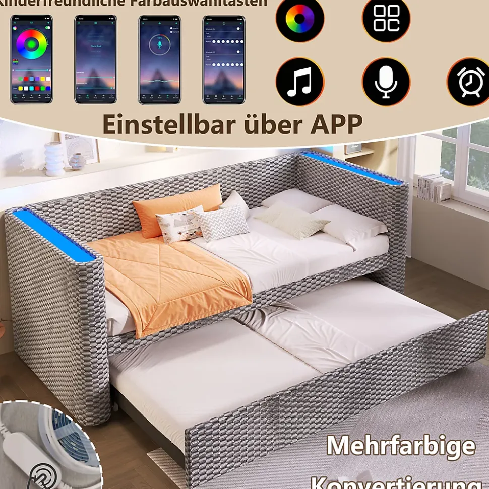 Lit Gigogne 90x200 cm/180x200 cm - Lit Simple et Double avec Éclairage LED Multifonction - en Velours - sans Matelas - Gris