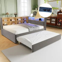 Lit Gigogne 140x200 cm/90x190 cm, Lit Double et Port USB, Rangements Intégrés et Éclairage LED - Tissu Gris Foncé - Sans Matelas