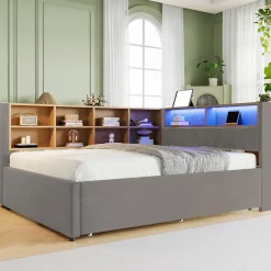 Lit Gigogne 140x200 cm/90x190 cm, Lit Double et Port USB, Rangements Intégrés et Éclairage LED - Tissu Gris Foncé - Sans Matelas