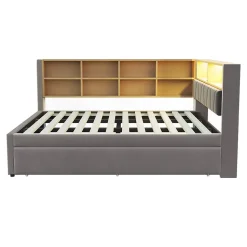 Lit Gigogne 140x200 cm/90x190 cm, Lit Double et Port USB, Rangements Intégrés et Éclairage LED - Tissu Gris Foncé - Sans Matelas