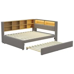 Lit Gigogne 140x200 cm/90x190 cm, Lit Double et Port USB, Rangements Intégrés et Éclairage LED - Tissu Gris Foncé - Sans Matelas