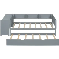 Lit gigogne 90x200cm+90x180cm, avec petit bureau, trois étagères sur le côté du lit, gris