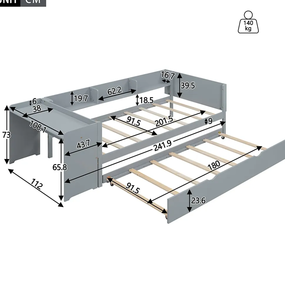 Lit gigogne 90x200cm+90x180cm, avec petit bureau, trois étagères sur le côté du lit, gris