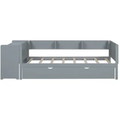 Lit gigogne 90x200cm+90x180cm, avec petit bureau, trois étagères sur le côté du lit, gris