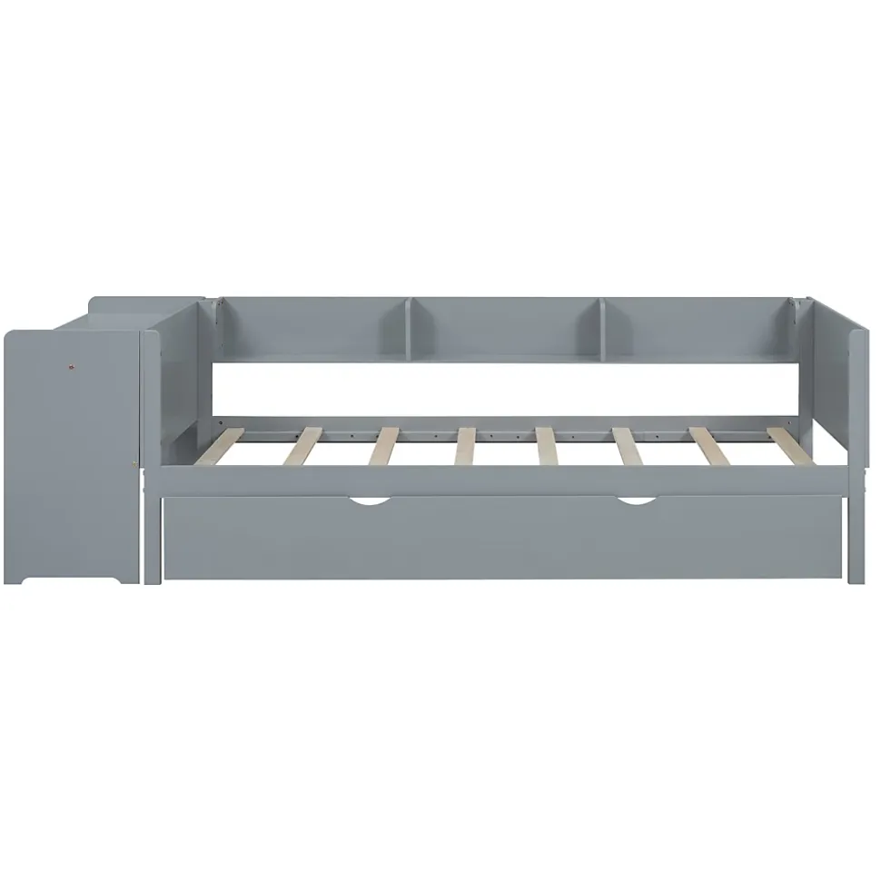 Lit gigogne 90x200cm+90x180cm, avec petit bureau, trois étagères sur le côté du lit, gris