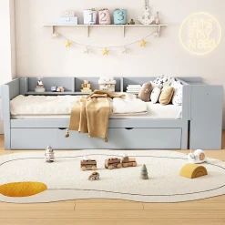 Lit gigogne 90x200cm+90x180cm, avec petit bureau, trois étagères sur le côté du lit, gris