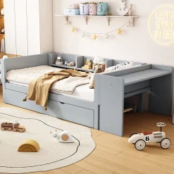 Lit gigogne 90x200cm+90x180cm, avec petit bureau, trois étagères sur le côté du lit, gris
