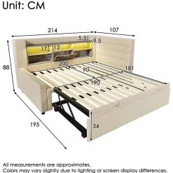 Lit Gigogne 90x200/90x190 cm - Lit Rembourré avec LED et Tête de Lit L-Forme Rangement, en Lin - sans Matelas Beige