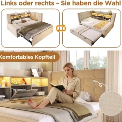 Lit Gigogne 90x200/90x190 cm - Lit Rembourré avec LED et Tête de Lit L-Forme Rangement, en Lin - sans Matelas Beige