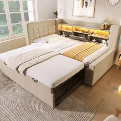 Lit Gigogne 90x200/90x190 cm - Lit Rembourré avec LED et Tête de Lit L-Forme Rangement, en Lin - sans Matelas Beige