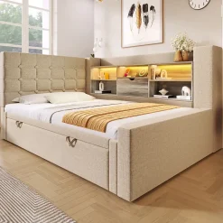 Lit Gigogne 90x200/90x190 cm - Lit Rembourré avec LED et Tête de Lit L-Forme Rangement, en Lin - sans Matelas Beige