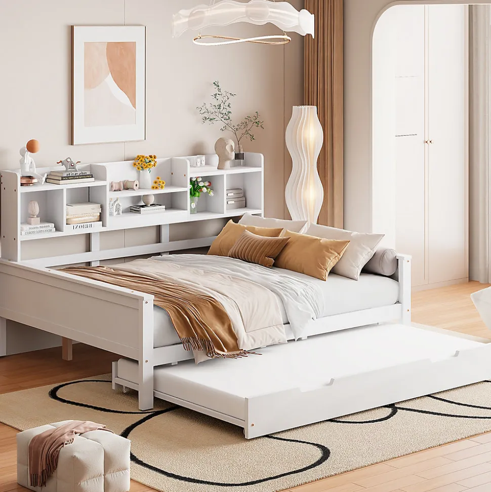 Lit Gigogne 90x190/140x200 cm avec Lit Tiroir et Tiroirs de Rangement, Bois Blanc, Sommier À Lattes pour Chambre enfant, Blanc